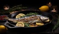 Mouthwatering roasted fish with a golden crust, cooked to perfection in a sizzling pan