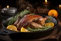 Mouthwatering roasted goose in a sizzling pan, exquisitely browned and irresistibly crispy