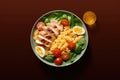 Mouthwatering and rustic food composition showcasing delightful bowl filled with grilled chicken, succulent tomatoes, boiled eggs