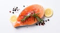 Mouthwatering Salmon, Tangy Lemon, Fragrant Rosemary, and Peppercorn Perfection. Top view, Generative AI