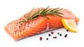 Mouthwatering Salmon, Tangy Lemon, Fragrant Rosemary, and Peppercorn Perfection. Top view, Generative AI