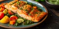 Mouthwatering Seared Salmon With Vibrant Veggie Medley And Zesty Herb Sauce, Ample Room For Text