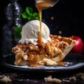 mouthwatering slice of homemade apple pie, with a dollop of creamy vanilla ice cream melting on top by AI generated Royalty Free Stock Photo
