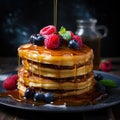 mouthwatering stack of fluffy pancakes, drizzled with maple syrup and adorned with fresh berries by AI generated Royalty Free Stock Photo