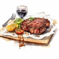 Hyperrealistic Watercolor Illustration Of Steak With Wine