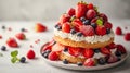 A mouthwatering strawberry shortcake adorned with fresh berries, set against a clean Royalty Free Stock Photo