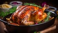 Mouthwatering and succulent roast chicken with crispy skin cooking to perfection in a sizzling pan