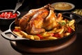 Mouthwatering and tender roast chicken with irresistibly crispy skin sizzling in a seasoned pan