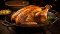Mouthwatering and tender roast chicken searing in a sizzling hot pan, creating a savory aroma
