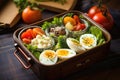 A mouthwatering tray of food, featuring a variety of tasty dishes, placed on a table, Healthy lunch box featuring quail eggs and