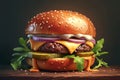 Mouthwatering view cheeseburger with vegetables in a closeup composition