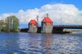 The movable bridge `Eagle` through the river Deyma Royalty Free Stock Photo