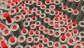 Movable surface with numerous repeating cylinders of grey color with sliding tubes inside. Motion. Up and down vertical