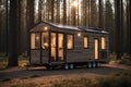 Movable tiny house parked on calm place at forest. ai generative