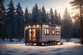 Movable tiny house parked on calm place at forest. ai generative