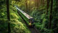 On the move, blurred motion, green landscape, vanishing point, passenger train generated by AI