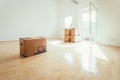 Move. Cardboard, boxes for moving into a new, clean and bright home Royalty Free Stock Photo