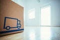 Move. Cardboard, boxes for moving into a new, clean and bright home. Clean and sunny room