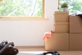 Move. Cardboard boxes for moving into a new, clean home. In a sunny day by a window in attic Royalty Free Stock Photo