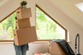 Move. Cardboard boxes for moving into a new, clean home. In a sunny day by a window in attic. Beautifull women holding boxes Royalty Free Stock Photo