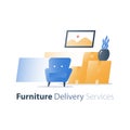 Move in home, furniture delivery service, fast relocation, armchair and pile of boxes