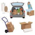 Move house - estate car with opened trunk and cardboard boxes inside, boxes on the luggage cart, opened box and stretch wrap