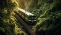 On the move, passenger train speeds through forest landscape generated by AI