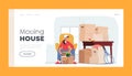 Move to New House Landing Page Template. Young Female Character Relocation, Moving into New Home, Woman Unpacking Boxes