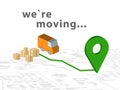 We move. Transport and relocation. Orange truck and green 3d location sign on map. Five Boxes 3d to move around your design.