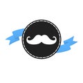 Movember badge label with blue ribbon, mustaches and badge pin