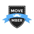 Movember badge label with blue ribbon, mustaches and badge pin