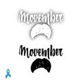 Movember. Badge November mustache, hand lettering with blue ribbon. You can use it for your design