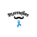 Movember. Badge November mustache, hand lettering with blue ribbon. You can use it for your design