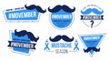 Movember badges set - prostate cancer awareness month. Men`s health concept. Royalty Free Stock Photo