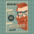 Movember poster design, prostate cancer awareness, hipster man with beard and moustache