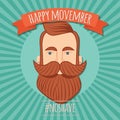 Movember poster design, prostate cancer awareness, hipster man with beard and moustache Royalty Free Stock Photo