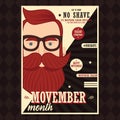 Movember poster design, prostate cancer awareness, hipster man with beard and moustache