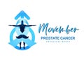 Movember Prostate cancer awareness month banner with Blue realistic ribbon around man sign and Mustache sign on male sign vector