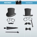 Movember Retro party printable Glasses, Hats, Moustaches, Masks for photobooth props Royalty Free Stock Photo