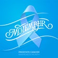 Movember. Vintage lettering with blue ribbon on blue background. Prostate cancer awareness month banner. Vector illustration.