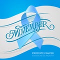 Movember. Vintage typography with blue ribbon and copy space on gray background. Prostate cancer awareness month banner. Vector il