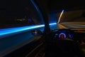 Movement of the car at night on the country highway at a high speed of viewing from the inside with the driver. Hand on Royalty Free Stock Photo