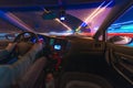 Movement of the car at night at a speed view from the interior, Brilliant road with lights with a car at high speed Royalty Free Stock Photo