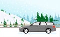 The movement of the car on the road outside the city in the woods. Transportation of goods of the Christmas tree