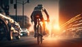 Movement of cyclist in motion on sunset, people ride on bycycle, Generative Ai