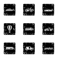 Movement on machine icons set, grunge style