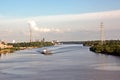 The movement of sea merchant ships and tugs to the entrance and exit from the port. Beaumont, Texas Royalty Free Stock Photo