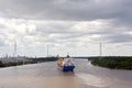 The movement of sea merchant ships and tugs to the entrance and exit from the port. Beaumont, Texas Royalty Free Stock Photo