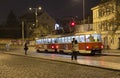 Movement of trams and pedestrians to nightlife Prague, Czech Republic