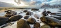 Movement of water on the shores of cold Norwegian Sea at evening time. Lofoten islands. Beautiful Norway landscape. Panoramic phot